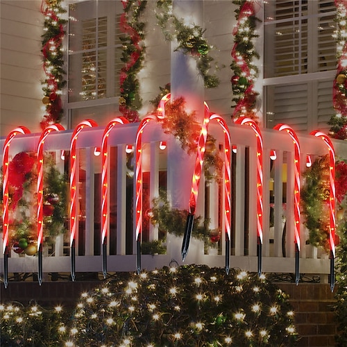 

10 Pack LED Candy Cane Lights Christmas Pathway Marker Lights Outdoor Decorations Stake Light with 8 Lighting Modes Supper Bright for Walkway Patio Garden Yard Decor DC31V EU US UK Plug
