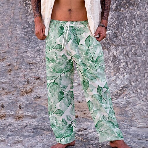 

Men's Trousers Beach Pants Pocket Drawstring Elastic Waist Leaf Graphic Prints Comfort Breathable Casual Daily Holiday Streetwear Designer Green / Elasticity