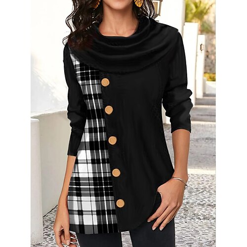 

Women's Blouse Black Plaid Color Block Button Long Sleeve Casual High Neck Regular S
