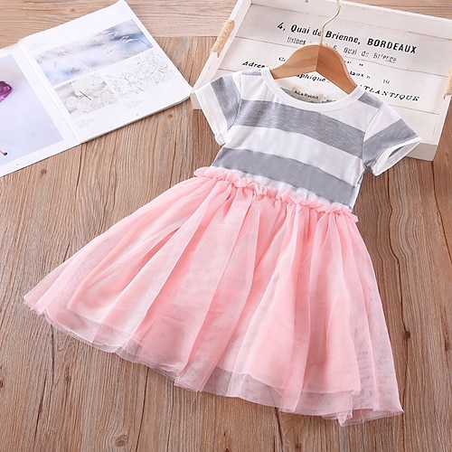 

Kids Toddler Little Girls' Dress Striped T Shirt Dress Tee Dress Pink Knee-length Short Sleeve Cute Dresses Summer Regular Fit 1 PC 2-6 Years