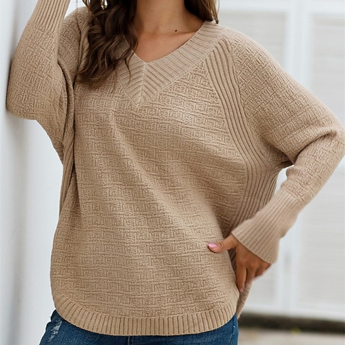 

Women's Pullover Sweater jumper Jumper Ribbed Knit Knitted Pure Color V Neck Stylish Casual Outdoor Daily Winter Fall Pink Khaki S M L / Long Sleeve / Regular Fit / Going out