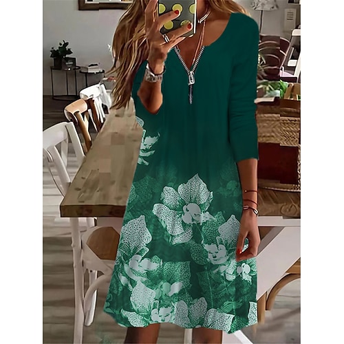 

Women's Casual Dress Green Blue Wine Long Sleeve Floral Zipper Winter Fall Autumn V Neck Winter Dress Fall Dress 2022 S M L XL 2XL 3XL 4XL 5XL 6XL