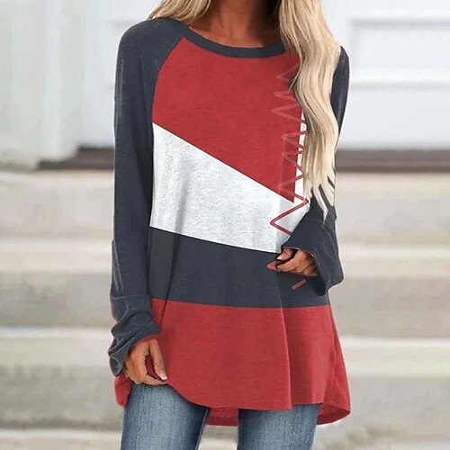 

Women's Casual Dress T Shirt Dress Tee Dress Short Mini Dress Red Long Sleeve Color Block Patchwork Fall Winter Round Neck Casual 2022 S M L XL 2XL 3XL