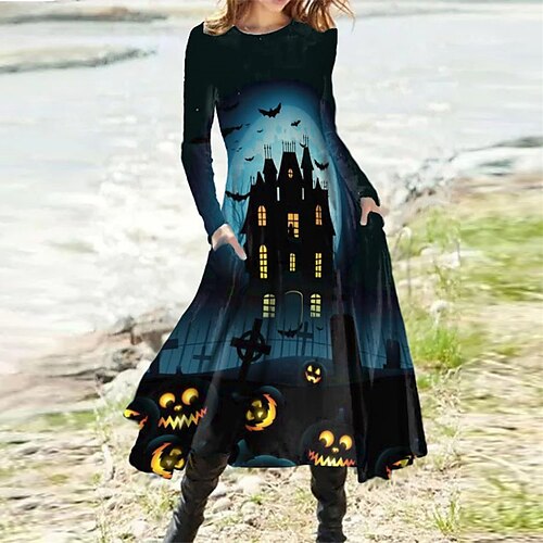 

Women's Casual Dress Swing Dress Midi Dress Blue Long Sleeve Pumpkin Pocket Print Fall Winter Round Neck Vacation Casual Halloween 2022 S M L XL XXL 3XL
