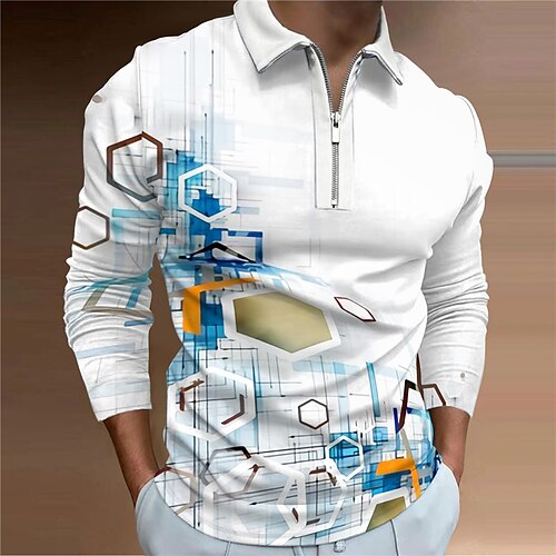 

Per uomo POLO Camicia da golf Golf Geometria Collo ripiegabile Bianco Stampa 3D Esterno Strada Manica lunga Cerniera Stampa Abbigliamento Di tendenza Originale Informale Traspirante