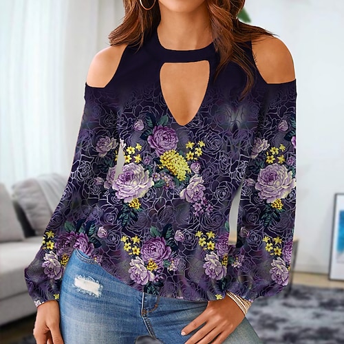 

Women's T shirt Tee Floral Casual Weekend Floral Painting T shirt Tee Long Sleeve Cut Out Cold Shoulder Print Round Neck Basic Purple S / 3D Print