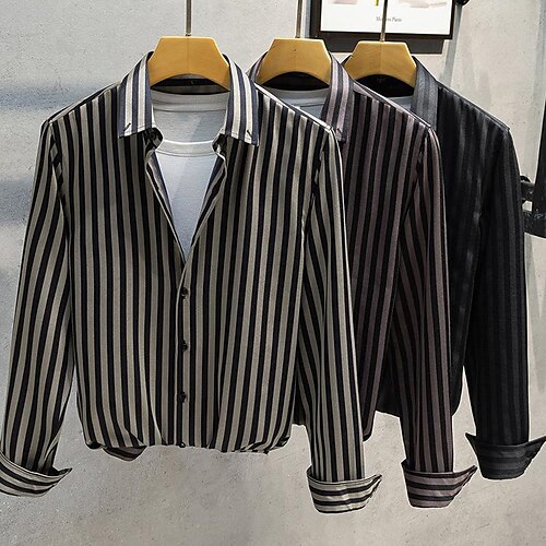 

Men's Dress Shirt Spiral Stripe Turndown Khaki Coffee Black Print Daily Work Long Sleeve Button-Down Clothing Apparel Cotton Business Formal Comfortable Pocket