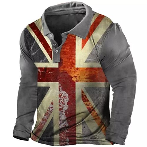 

Men's Collar Polo Shirt Golf Shirt National Flag Turndown Gray 3D Print Halloween Street Long Sleeve Button-Down Print Clothing Apparel Vintage Cool Designer Casual