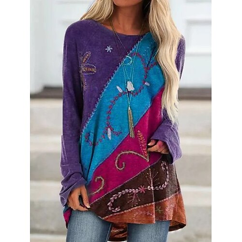 

T shirt Tee Femme Violet Graphic Géométrique Imprimer manche longue Casual du quotidien basique Col Rond Normal Standard Géométrique S