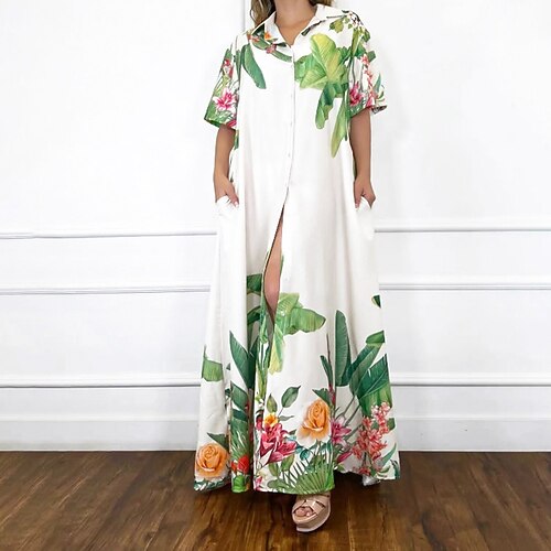 

Women's Plus Size Shirt Dress Floral Shirt Collar Half Sleeve Fall Winter Stylish Maxi long Dress Vacation Going out Dress