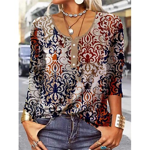 

Women's T shirt Tee Red Floral Long Sleeve Home Casual Basic U Neck Regular Floral S / 3D Print