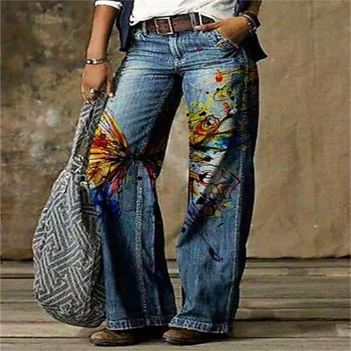 

Women's Wide Leg Trousers Baggy Tartan Outdoor Full Length Casual Daily Faux Denim Fashion Casual Loose Fit White & Blue Purple Mid Waist Micro-elastic