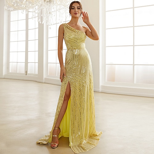 

Mermaid / Trumpet Evening Gown Sparkle & Shine Dress Formal Sweep / Brush Train Sleeveless One Shoulder Polyester with Sequin Slit 2022