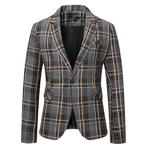 

Men's Fashion Office Blazer Regular Standard Fit Checkered Single Breasted One-button Dark Grey 2022