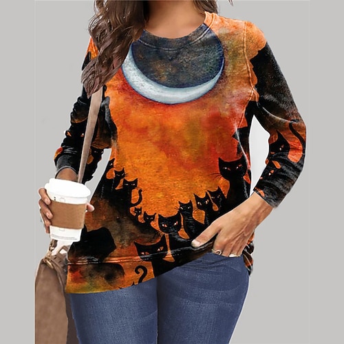 

Women's Plus Size Tops Pullover Sweatshirt Hoodie Sweatshirt Animal Cat Print Long Sleeve Crewneck Vintage Casual Halloween Halloween Daily Microfiber Fall Winter Yellow / Moon