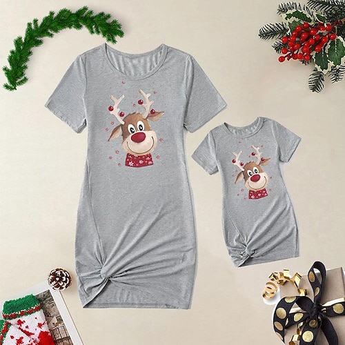 

Mommy and Me Ugly Christmas Dresses Cartoon Deer Casual Pink Grey Short Sleeve Active Matching Outfits