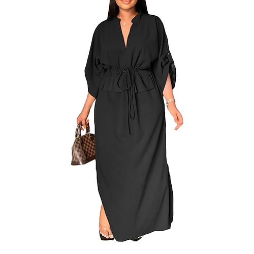 

Women's Casual Dress Shirt Dress Maxi long Dress Black Blue Pink Orange Brown Long Sleeve Pure Color Split Ruched Lace up Fall Winter V Neck Stylish Casual Modern 2022 S M L XL XXL
