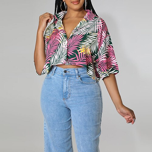 

Women's Shirt Leaves Casual Going out Beach Floral Shirt Short Sleeve Print Shirt Collar Tropical Beach Rainbow S
