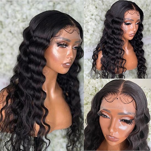 

Remy Human Hair 13x4 Lace Front Wig Middle Part Peruvian Hair Deep Wave Black Wig 130% 150% Density with Baby Hair Smooth Natural Hairline 100% Virgin Pre-Plucked For Women Long Human Hair Lace Wig