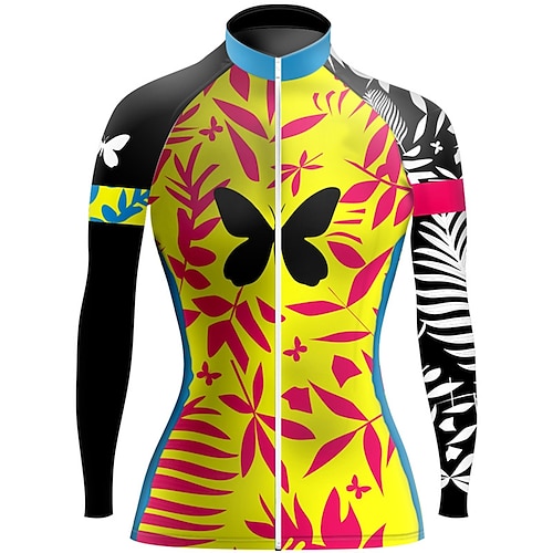 

21Grams Women's Cycling Jersey Long Sleeve Bike Top with 3 Rear Pockets Mountain Bike MTB Road Bike Cycling Breathable Quick Dry Moisture Wicking Reflective Strips Yellow Butterfly Floral Botanical