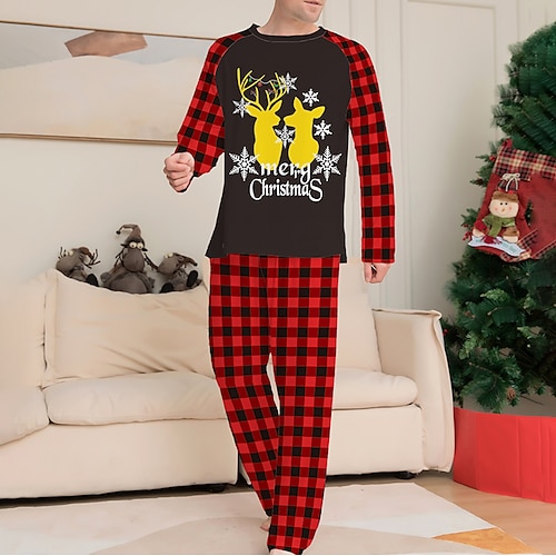 

Men's Christmas Pajamas Sleepwear Pajama Set Pajama Top and Pant 2 Pieces Elk Graphic Prints Fashion Comfort Soft Home Christmas Bed Cotton Blend Breathable Crew Neck Long Sleeve Basic Winter Fall