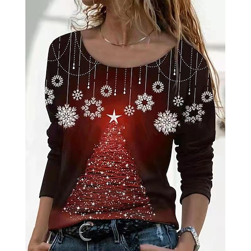 

Women's T shirt Tee Green Blue Purple Christmas Tree Snowflake Print Long Sleeve Christmas Weekend Basic Round Neck Regular Painting S