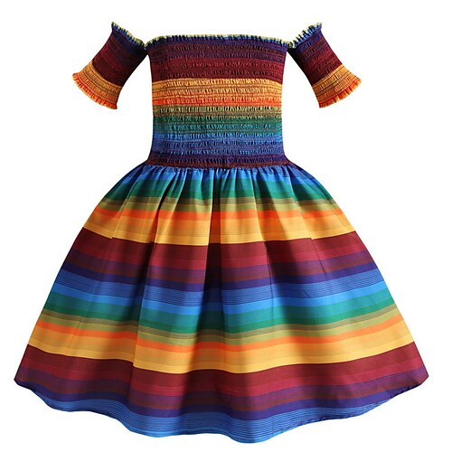 

Kids Girls' Dress Color Block A Line Dress Midi Dress Birthday Patchwork Cotton Short Sleeve Elegant Dress 2-6 Years Winter Rainbow