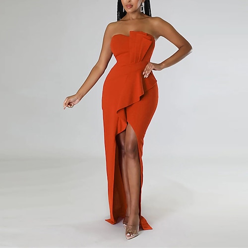 

Women's Party Dress Sheath Dress Long Dress Maxi Dress Black Orange Red Sleeveless Pure Color Ruffle Winter Fall Autumn Strapless Modern Party Slim 2022 S M L XL