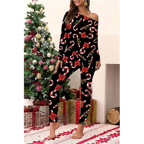 

Women's ChristmasPjs Pajamas Sets 2 Pieces Snowflake Trees Comfort Soft Home Bed Cotton Spandex Jersey Long Sleeve T shirt Tee Pant Elastic Waist Winter Fall Green Blue