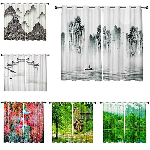 

3D Print Blackout Curtain Feather Print Curtain Drapes for Living Room Thermal Insulated Grommet Window Curtains for Bedroom 1 set / PVC Bag Natural scenery Woods Trees Towers