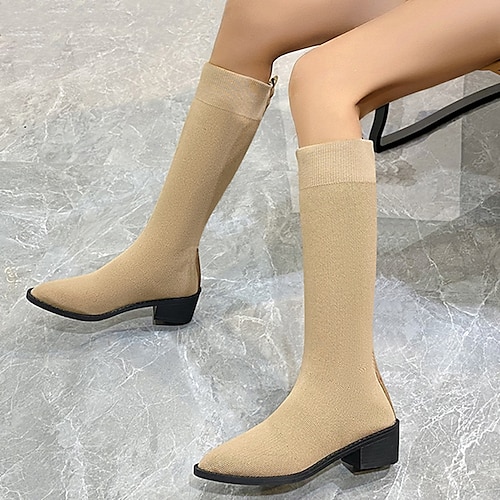 

Women's Boots Plus Size Knee High Boots Winter Block Heel Pointed Toe Tissage Volant Loafer Black Khaki