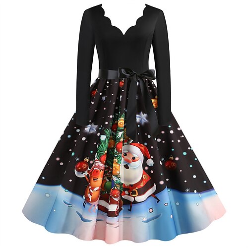 

Women's Party Dress A Line Dress Knee Length Dress Black Purple Royal Blue Dark Blue Red Long Sleeve Elk Christmas Tree Christmas Bell Bow Print Fall Winter V Neck Vintage Elegant 2022 S M L XL 2XL