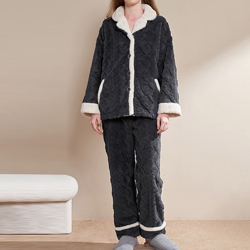 

Women's Pajamas Winter Sets Nighty Pjs 2 Pieces Color Combo Simple Comfort Soft Home Daily Bed Coral Fleece Coral Velvet Warm Lapel Long Sleeve Pant Pocket Winter Fall Green Blue / Plush