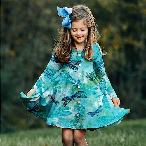 

Kids Girls' Dress Animal Shift Dress Above Knee Dress Daily Print Long Sleeve Cute Dress 3-10 Years Winter Blue