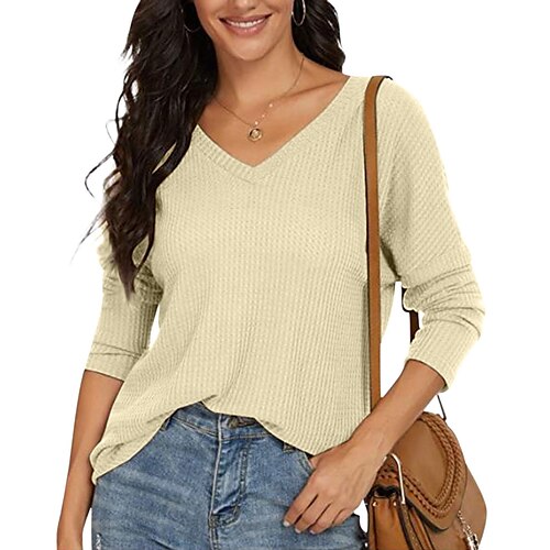

spring women's waffle long-sleeved deep v loose t-shirt
