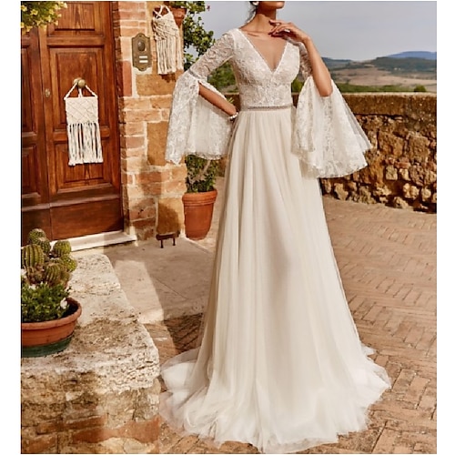 

A-Line Wedding Dresses V Neck Sweep / Brush Train Tulle Long Sleeve Country Romantic Beach with Pleats 2022