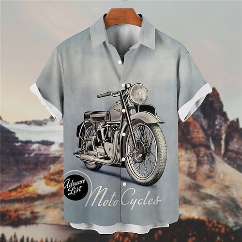

Men's Shirt Graphic Shirt Motorcycle Turndown Gray 3D Print Outdoor Street Short Sleeves Button-Down Print Clothing Apparel Designer Casual Breathable / Summer / Spring / Summer
