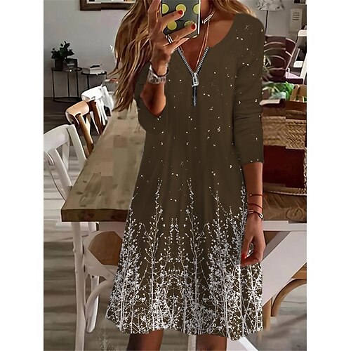 

Women's Casual Dress Green Wine Brown Long Sleeve Floral Zipper Winter Fall Autumn V Neck Winter Dress Fall Dress 2022 S M L XL 2XL 3XL 4XL 5XL 6XL