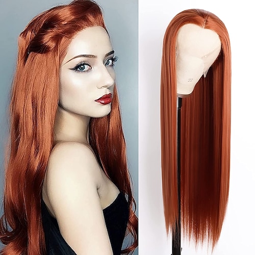 

#360 Orange Lace Front Wig 132.5 Long Straight Synthetic Glueless Heat Resistant Fiber Hair Dark Orange Synthetic Lace Front Wigs for Fashion Women Cosplay Daily Wear