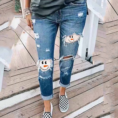 

Women's Pants Trousers Jeans Distressed Jeans Denim Blue Fashion Christmas Weekend Side Pockets Cut Out Micro-elastic Ankle-Length Comfort Snowman S M L XL XXL / Ripped / Print