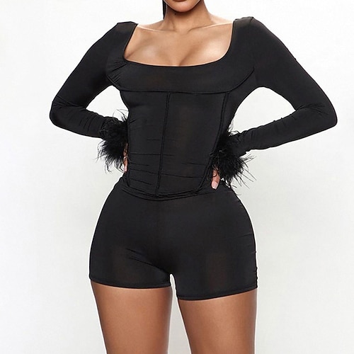 

Women's Romper Patchwork High Waist Solid Color Square Neck Ordinary Street Going out Regular Fit Long Sleeve Black S M L Winter