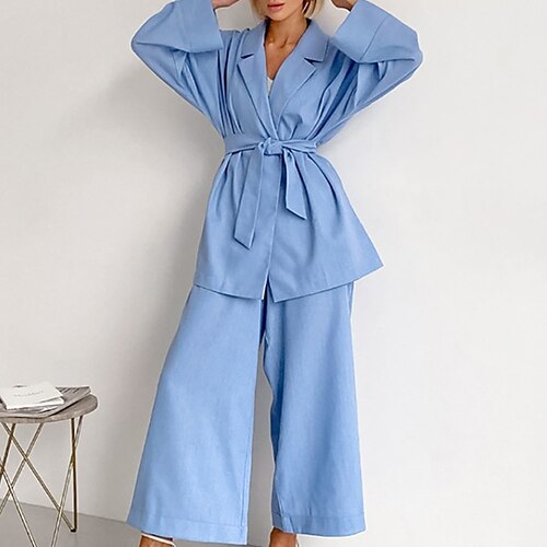 

Women's Loungewear Sets 2 Pieces Pure Color Simple Comfort Soft Home Street Daily Cotton And Linen Breathable Lapel Long Sleeve Shirt Pant Elastic Waist Winter Fall Blue