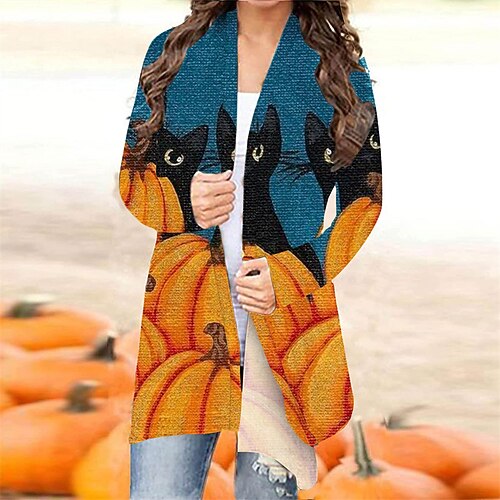 

Women's Casual Jacket Windproof Warm Outdoor Halloween Vacation Casual Daily Print Cardigan V Neck Comfortable Street Style Halloween Animal Regular Fit Outerwear Long Sleeve Winter Fall Black Blue