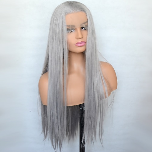 

Silver Grey Synthetic Lace Front Wig Silky Straight Heat Resistant Fiber Natural Hairline Cosplay For Women