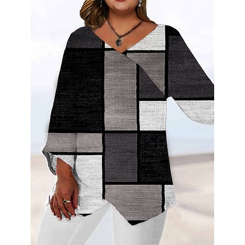 

Women's Plus Size Tops Blouse Shirt Color Block Geometry Print Long Sleeve V Neck Casual Daily Going out Polyester Fall Winter Black Blue / 3D Print