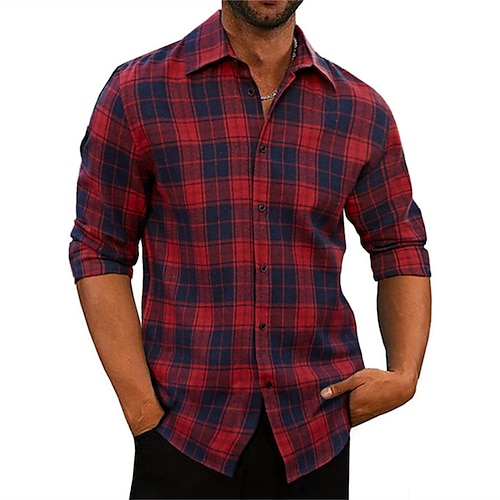 

Men's Shirt Plaid / Check Turndown Red Street Daily Long Sleeve Button-Down Clothing Apparel Basic Fashion Casual Comfortable