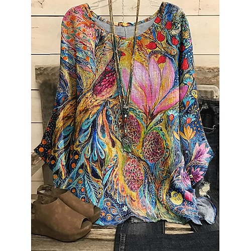 

Women's Blouse Shirt Blue Pink Yellow Animal Floral Print Long Sleeve Daily Weekend Streetwear Casual Round Neck Regular Floral S / 3D Print