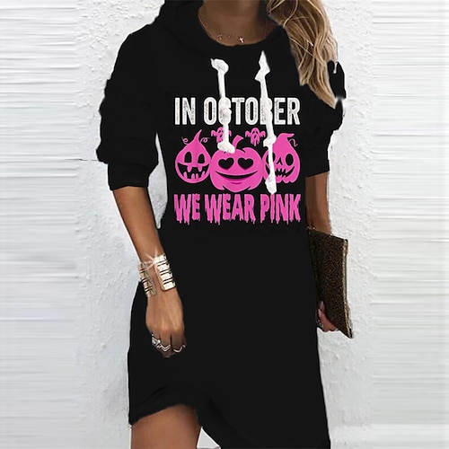 

Women's Hoodie Dress Shift Dress Short Mini Dress Purple Orange Long Sleeve Letter Pumpkin Print Fall Winter Hooded Vacation Casual 2022 S M L XL XXL 3XL / 3D Print
