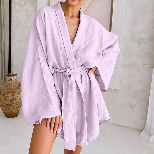 

Women's Pajamas Robes Gown Bathrobes Pjs Pure Color Basic Fashion Simple Home Daily Bed Cotton Breathable V Wire Long Sleeve Winter Fall Purple White / Spa