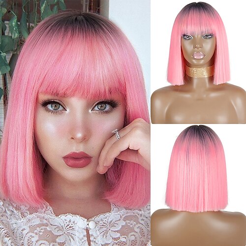 

Synthetic Bob Wigs Short Bob Straight Wig With Bangs for Women Black Pink Wig for Party Daily Use Shoulder Length
